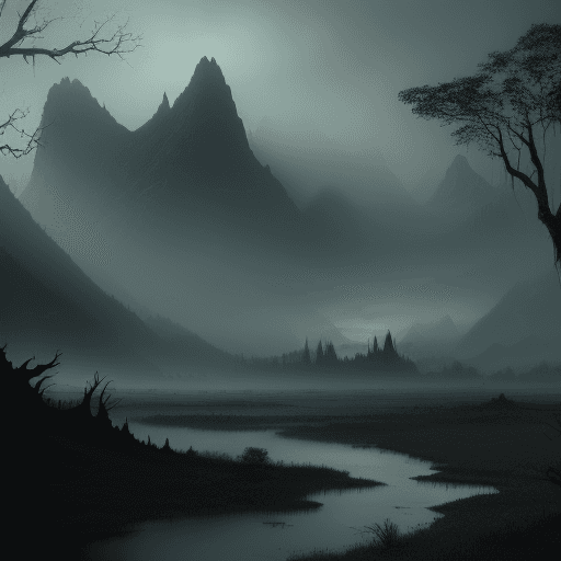 AI generated: dark fantasy landscape with swamps, trees, fog and mountains in back plan