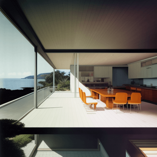 AI generated: Hyper realistic eye level exterior photo of a mid century modern style house overlooking the ocean, ...