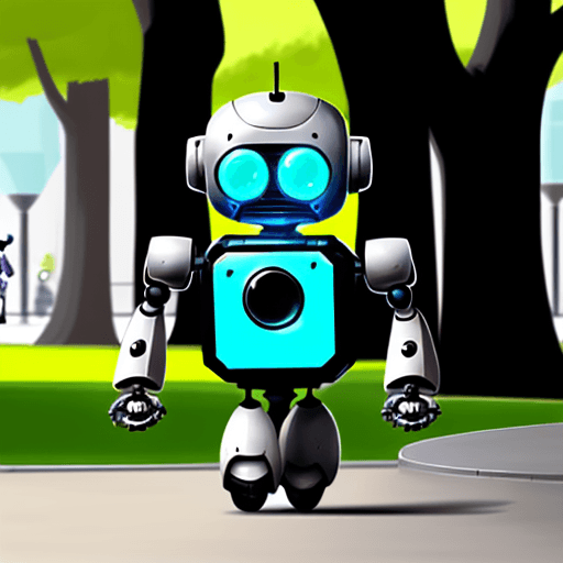 AI generated: A cute little robot walking leisurely through a futuristic park, in the style of modern european gra...