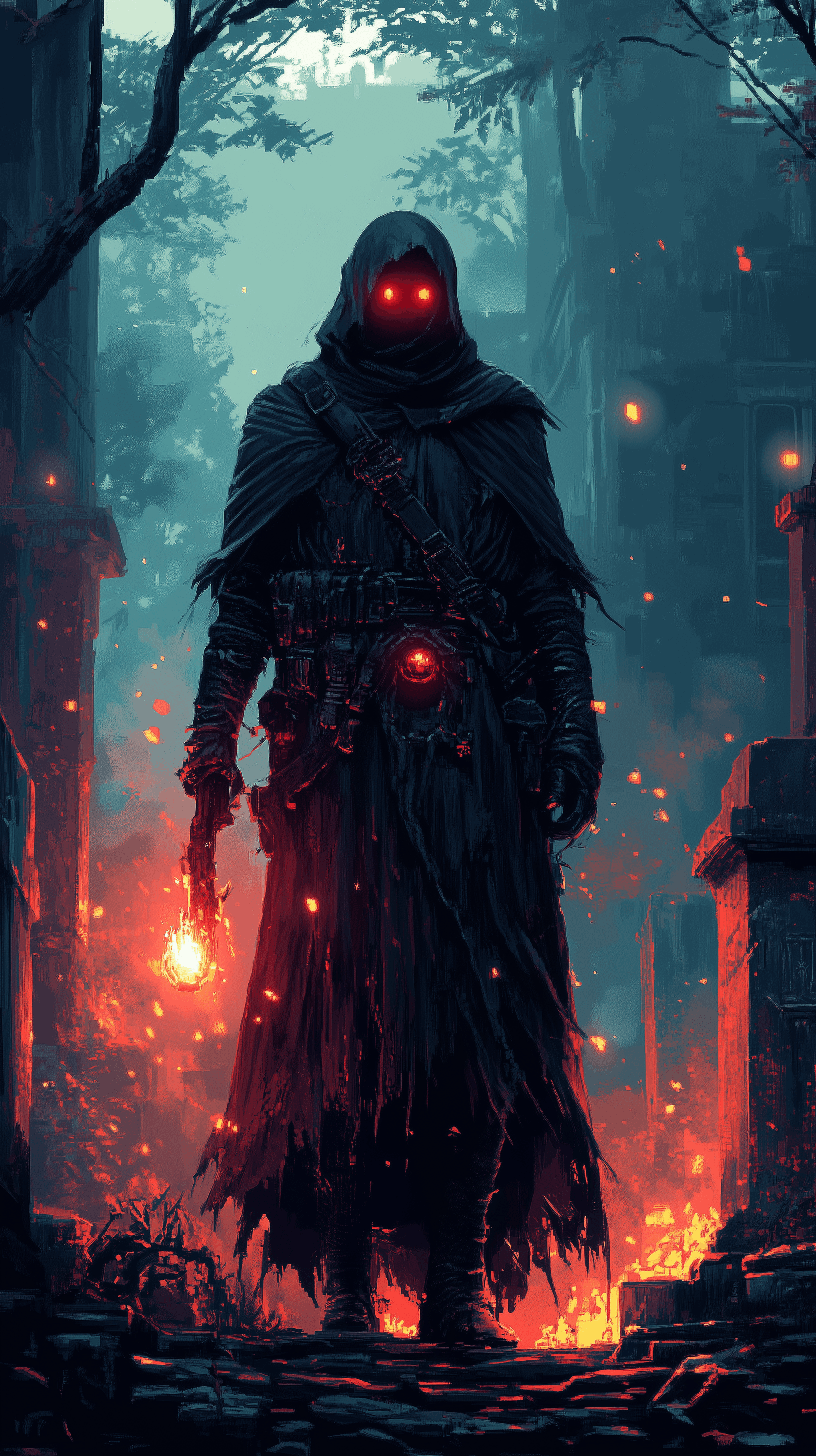AI generated: 8-bit pixel, character, dark warlock, black robes, red eyes, standing in a cursed graveyard, vibrant...