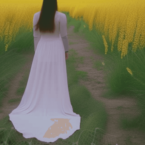 AI generated: a beautiful woman in a white dress with a very long train, moved by the wind, ((Full Body)), surroun...