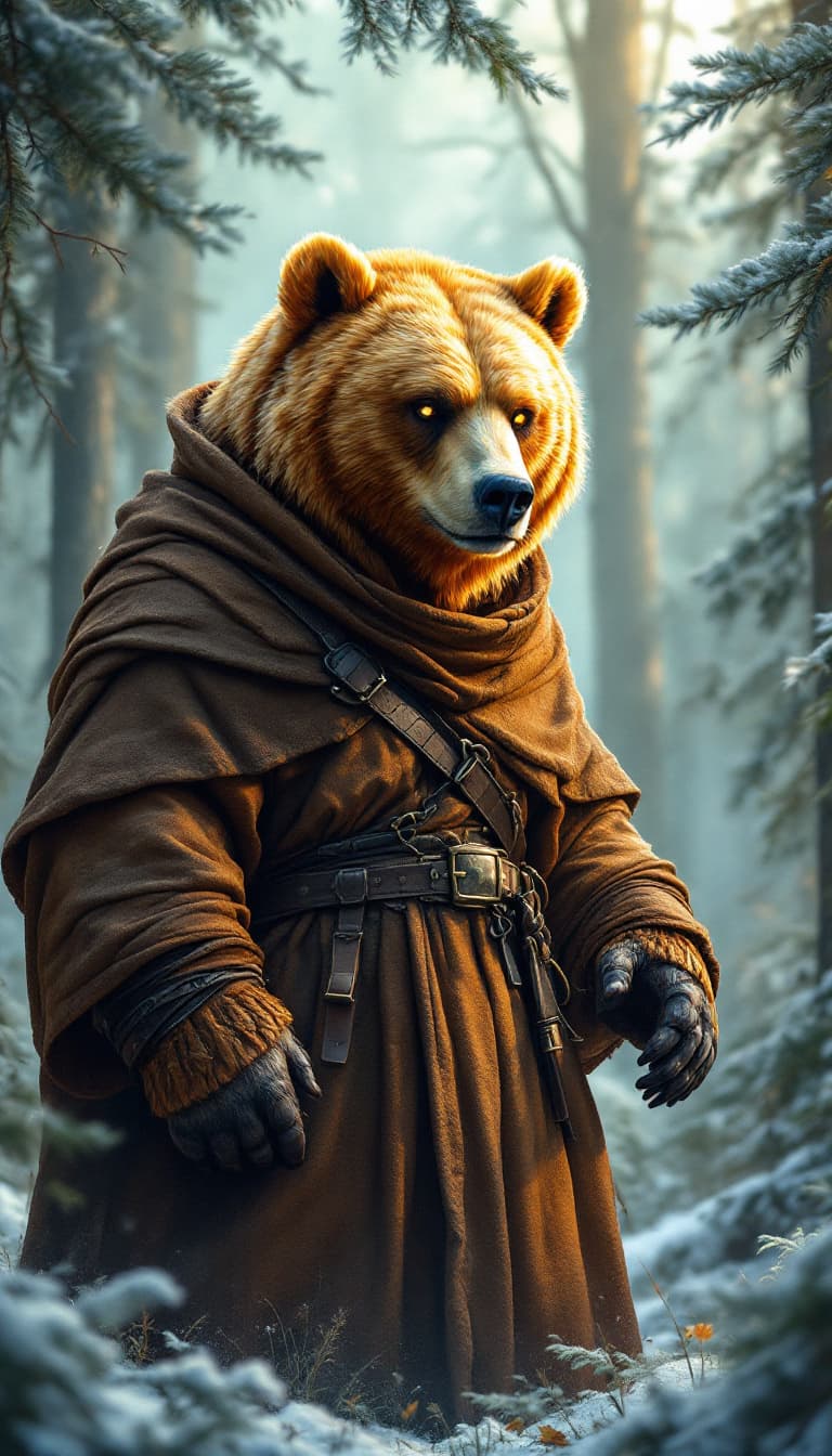 AI generated: epic honey-colored bear dressed as a monk, gangster style, golden eyes, quality drawing, cinematic, ...