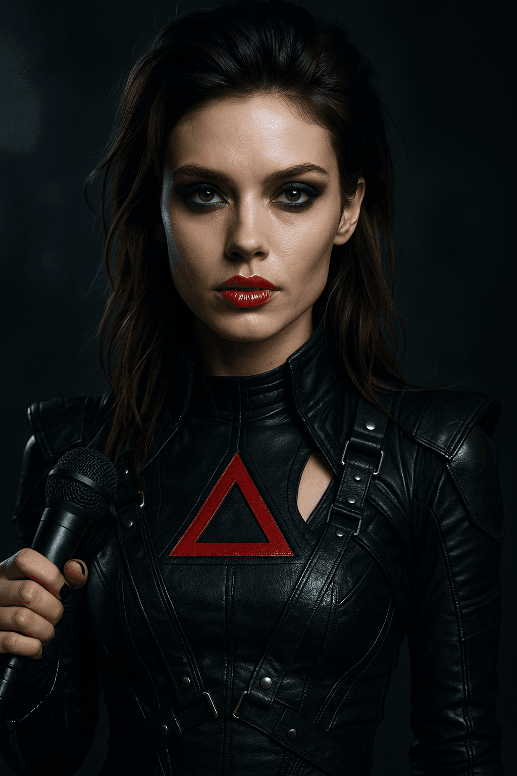 AI generated: "A stunningly beautiful female lead singer of a futuristic rock band inspired by 30 Seconds to Mars,...