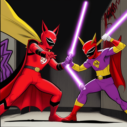 AI generated: red power ranger with bat ears and a yellow cape versus a purple power ranger with bat ears and red ...