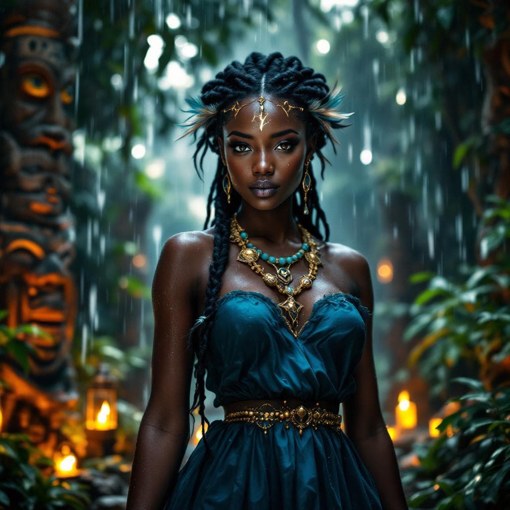 AI generated: A stunning 22-year-old African female deity of weather stands majestically in a mystical West Africa...