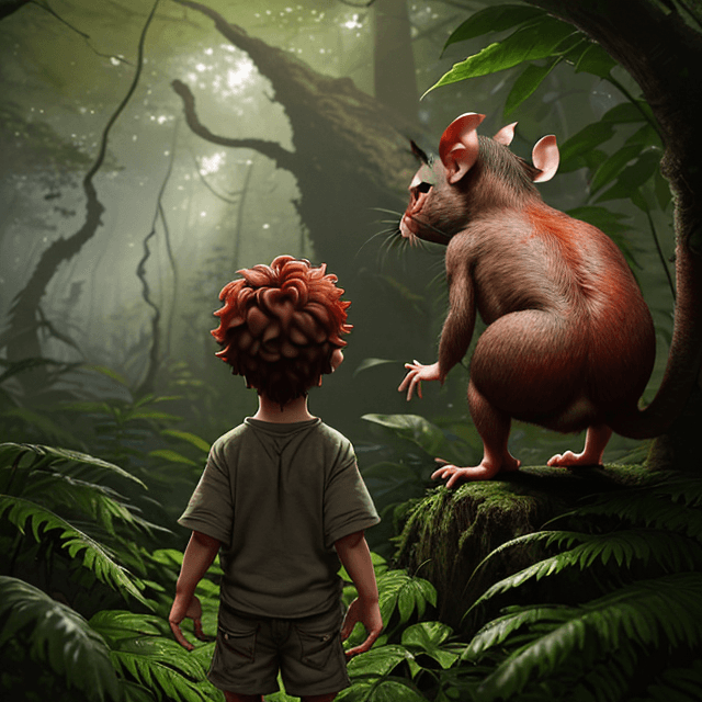 AI generated:  a young prehistoric boy sees the back of a red rat hiding in  a prehistoric forest behind the leave...