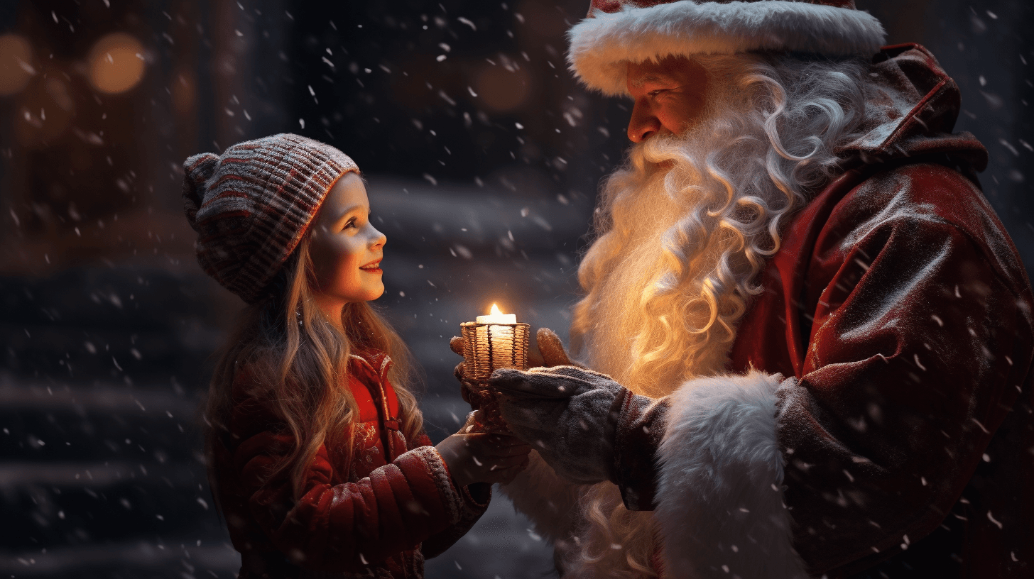 AI generated: ittle girl holding a present in hands while santa stands over her, in the style of dramatic atmosphe...