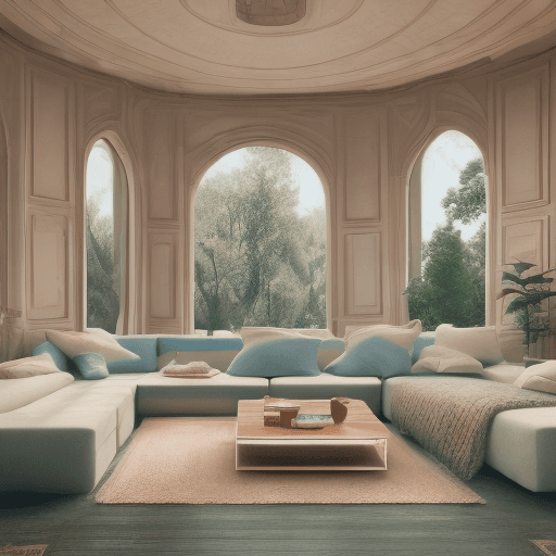 AI generated: High resolution photography interior design, dreamy sunken living room conversation pit, wooden floo...