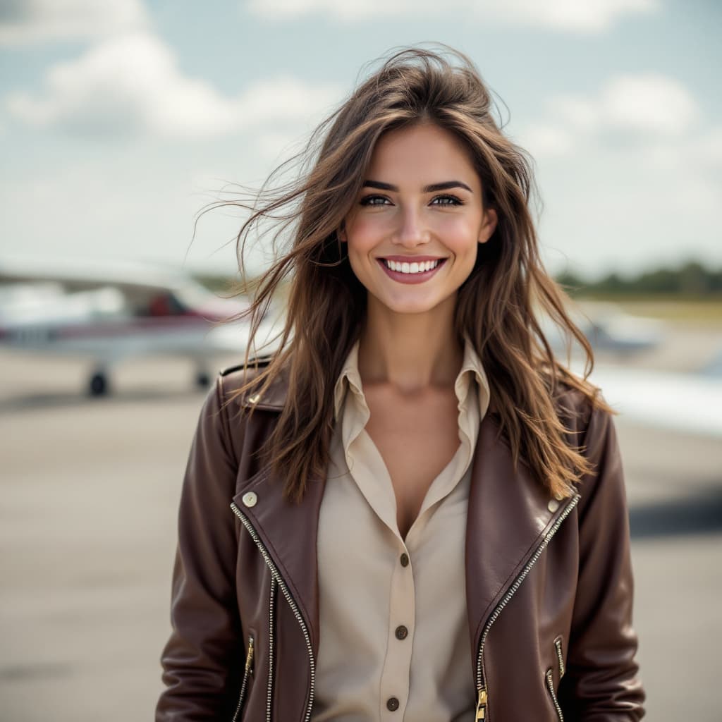 AI generated: 3/4 shot, photograph of, a happy 30 year old woman, wearing a leather pilot jacket and blouse, brune...