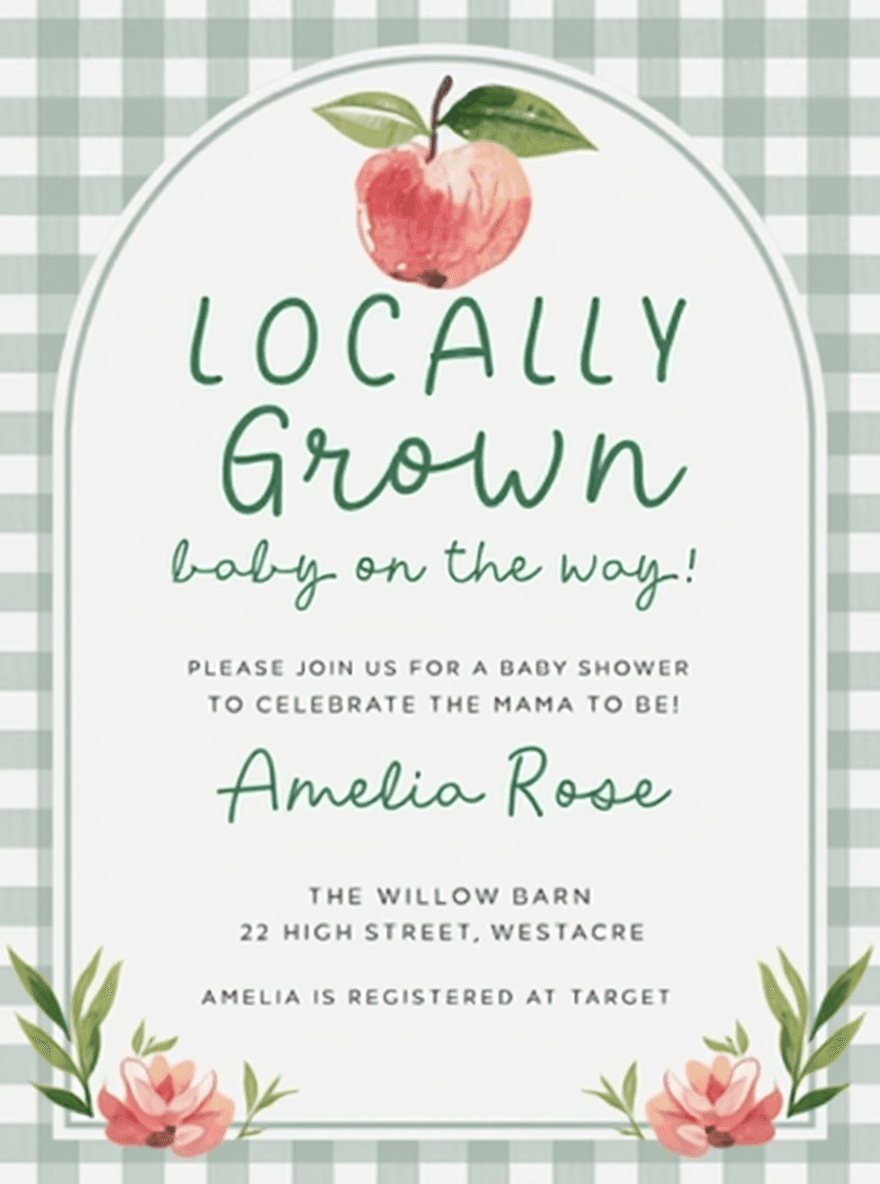 AI generated: Create a charming baby shower invitation with the theme "Locally Grown." The design should feature a...