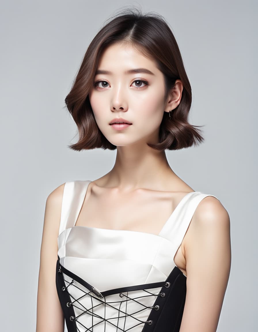 AI generated: Gorgeous Korean girl, natural skin, cute Loose Bob hair, wearing a black corset, white background, l...
