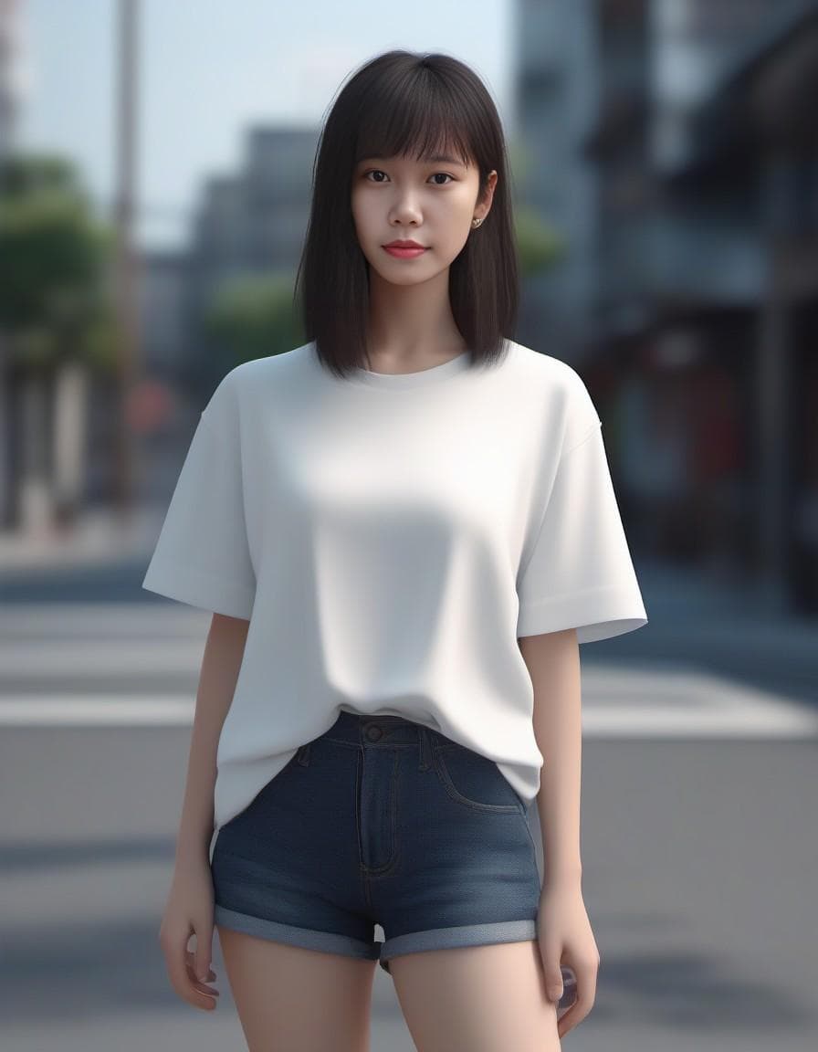 AI generated: A pretty South Korean girl wearing an oversized fashion white t-shirt on a street, cut bangs with lo...