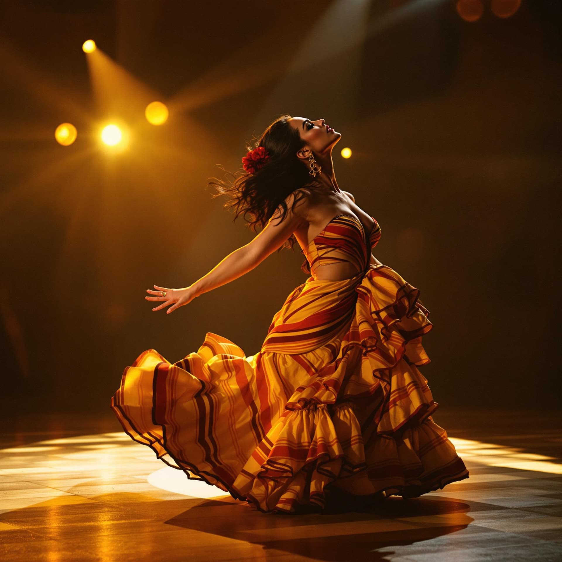 AI generated: photo of Penélope Cruz, in a Spanish flamenco dance floor, passionate Indian beauty, flamenco dancer...