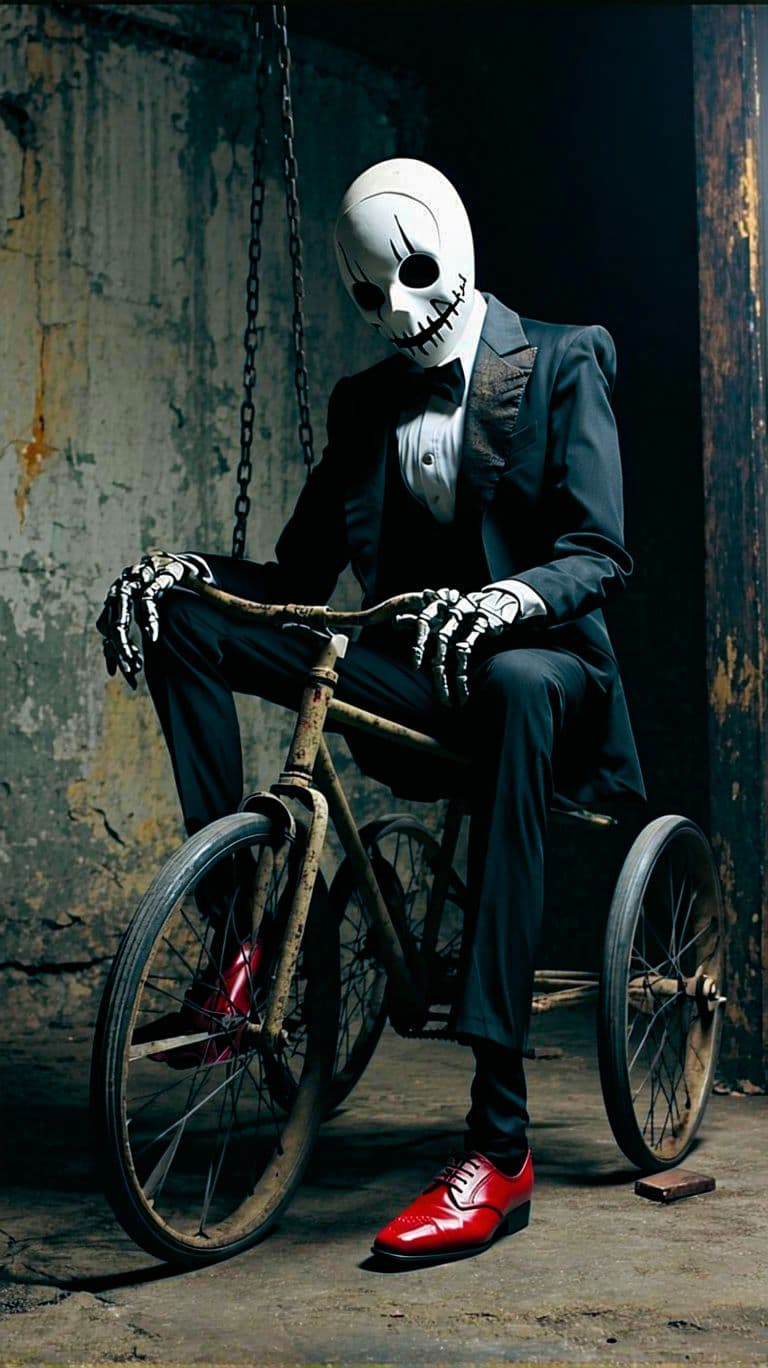 AI generated: « Epic, photorealistic full-body shot of Billy, Jigsaw’s puppet from Saw, seated ominously on an old...