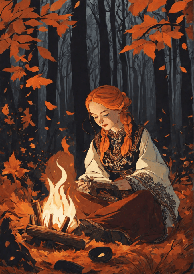 AI generated: a girl is sitting near a campfire in a Slavic folk costume,autumn forest,gothic style,abigail Larson...