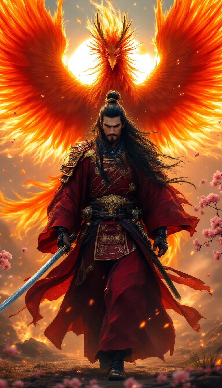 AI generated: Full body Photo of a ultra realistic regal Japanese samurai with long black hair flowing, wearing de...