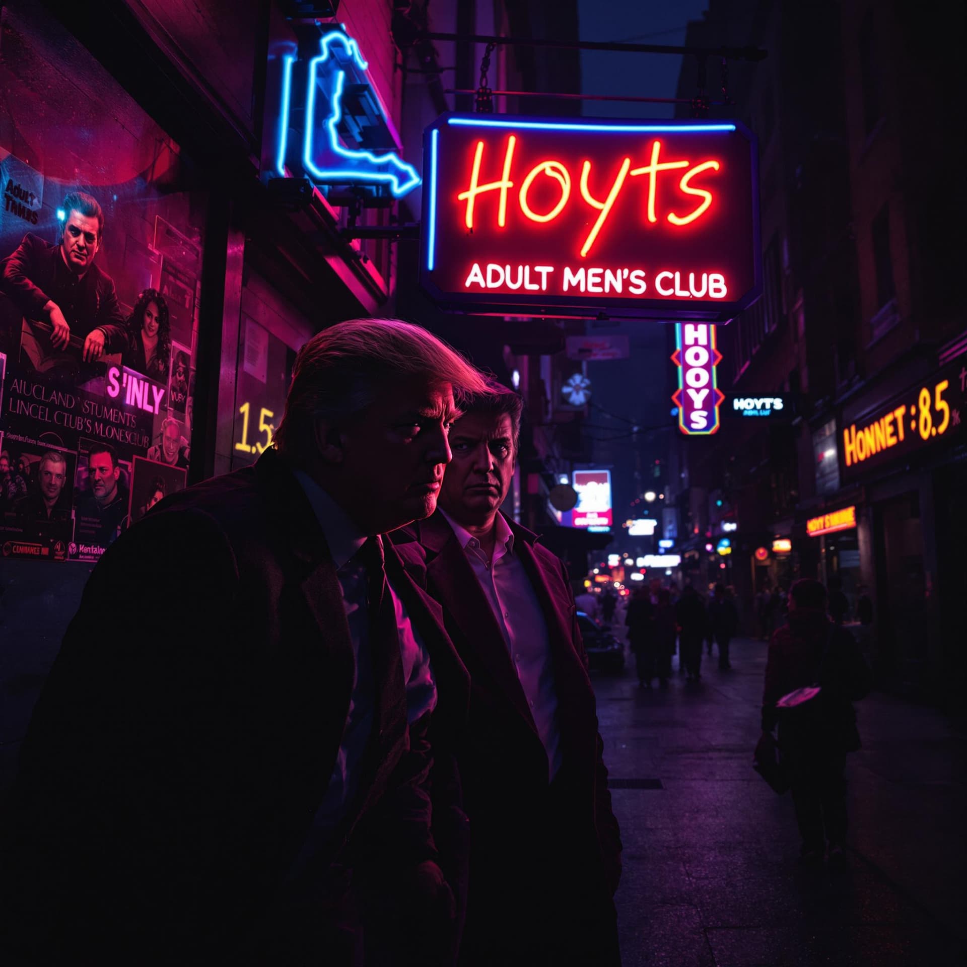 AI generated: Donald trump
 Holding a "Hoyts Adult Men’s Club" neon sign, night street, cyberpunk