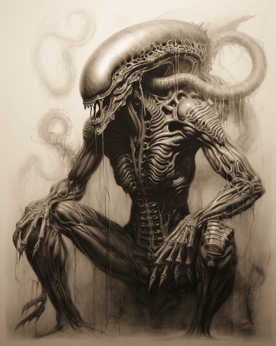 AI generated: A pencil drawing of an alien xenomorph with large tentacles and claws, laying on its back in the sno...