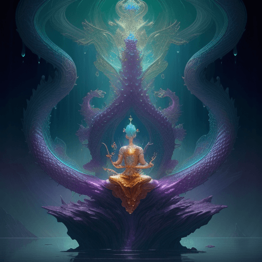 AI generated: floating fractal textured DragonMonk meditating above a crystaline lake, cinematic lighting, volumet...