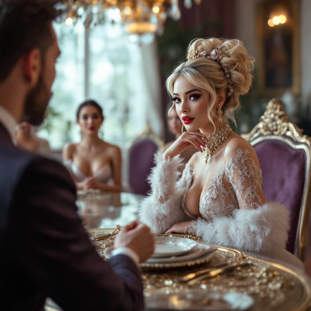 AI generated: cinematic shot, glamorous rich alluring Asian beautifully and brightly dressed in opulent white lace...