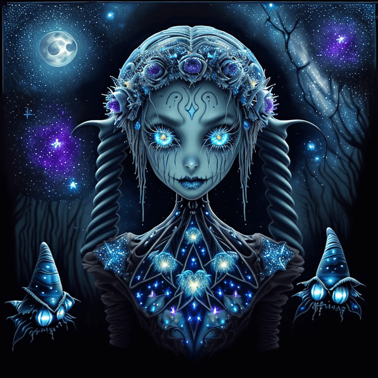 AI generated: High gothic tim Burton style scary alien robot glowing blue flowers creek starry night sparkling sta...