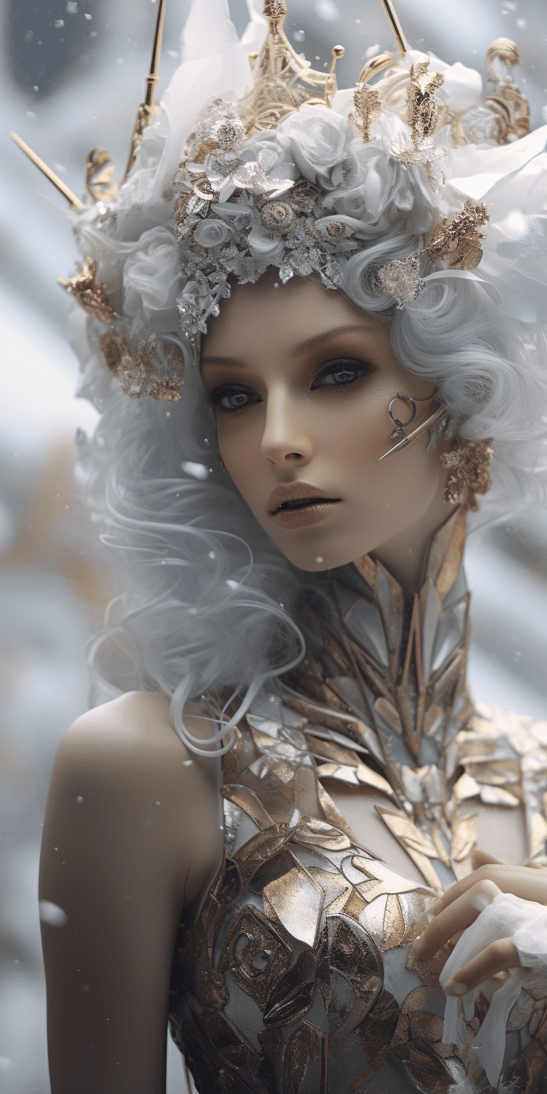 AI generated: a mannequin posing in a fancy dress, in the style of unreal engine, romantic fantasy, silver and gol...