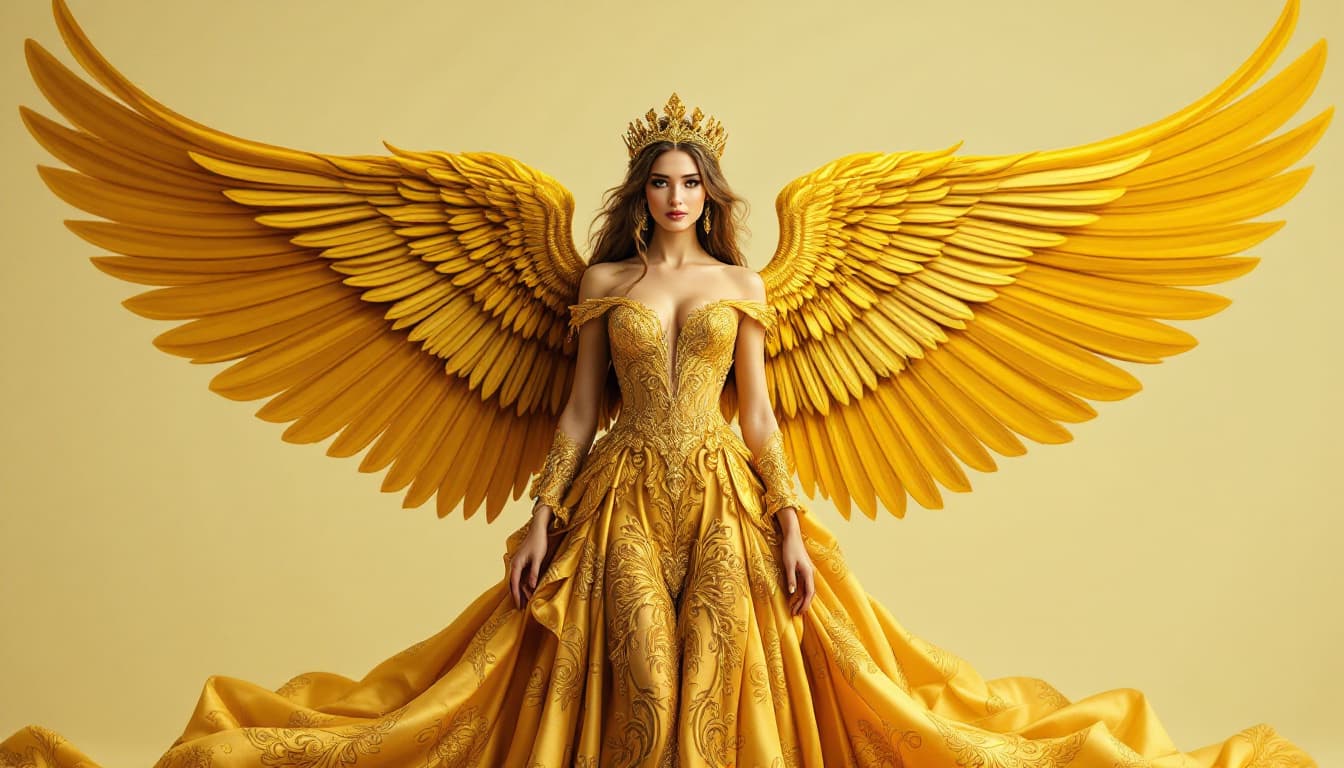 AI generated: A woman adorned in a golden, intricately designed gown that cascades down to the ground. She is also...