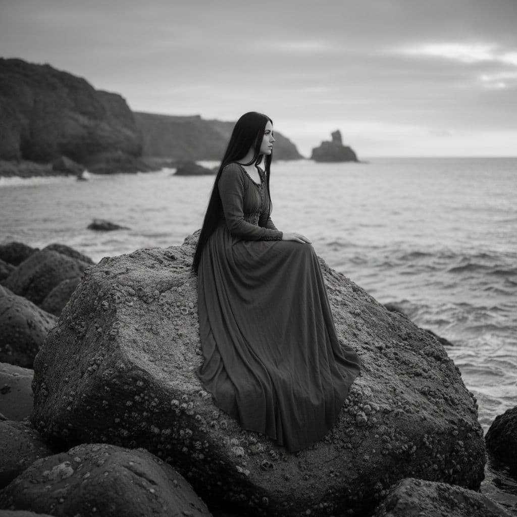 AI generated: fantasy pretty girl wearing long dress long black hair sit in big stone on the beach without colour 
