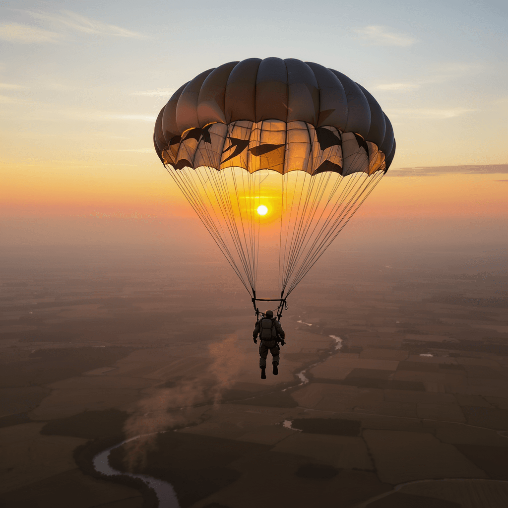 AI generated: Military, a lone paratrooper descending at dawn, parachute fully deployed with intricate folds, unif...