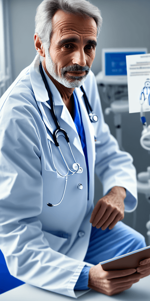 AI generated: a photograph of a doctor about 50 years old looking at the camera he is talking to the camera he is ...