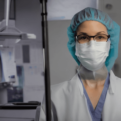 AI generated: A female surgeon in a blue surgical gown and teal latex gloves in a dark operating room looks at you