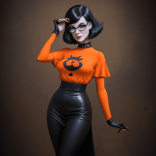 AI generated: goth girl astestic, velma from scooby-doo, a woman wearing eye glasses and an orange top, goth style...