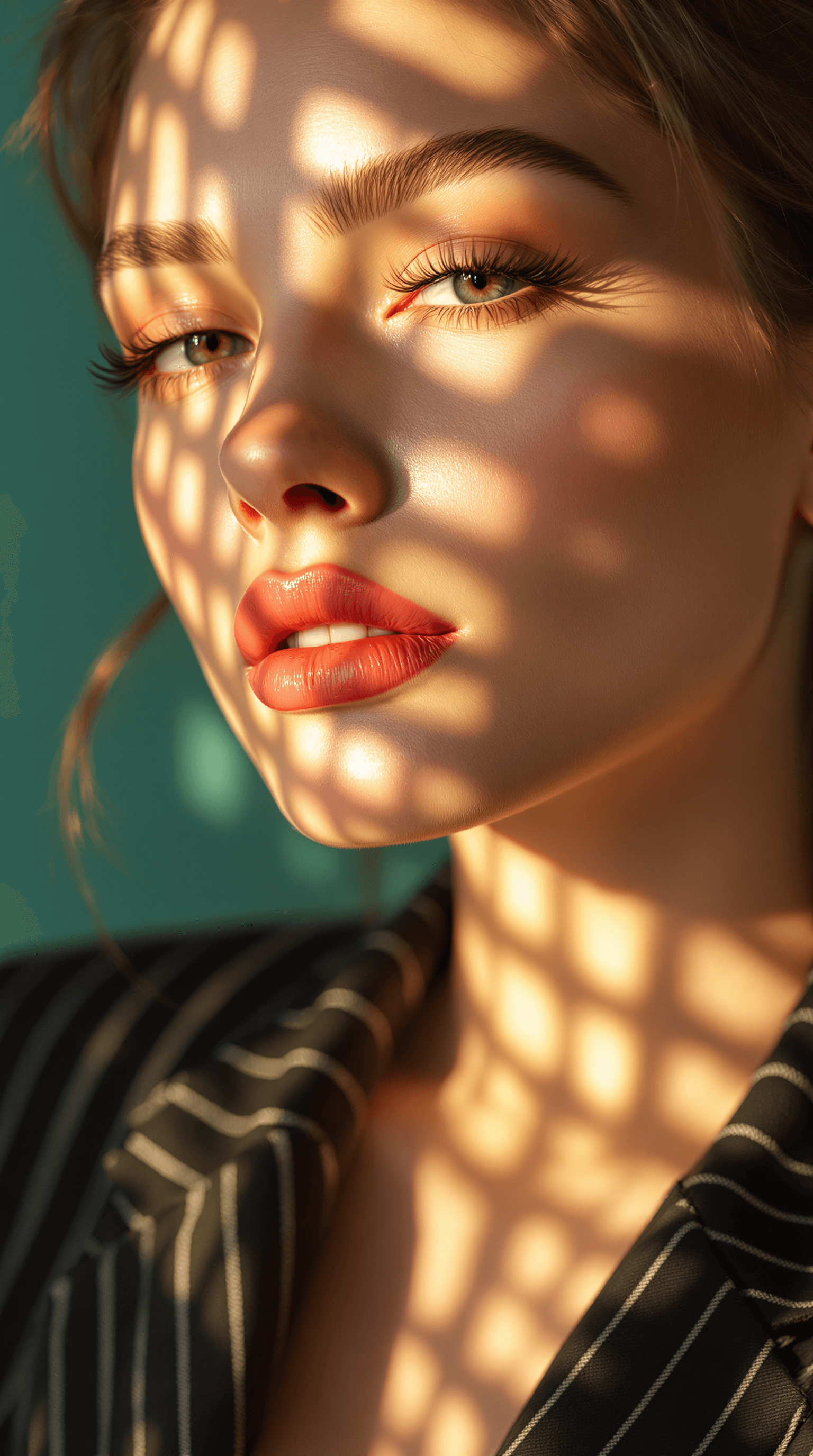 AI generated: A **close-up portrait** of a **stunning woman**, illuminated by **soft, warm afternoon light streami...
