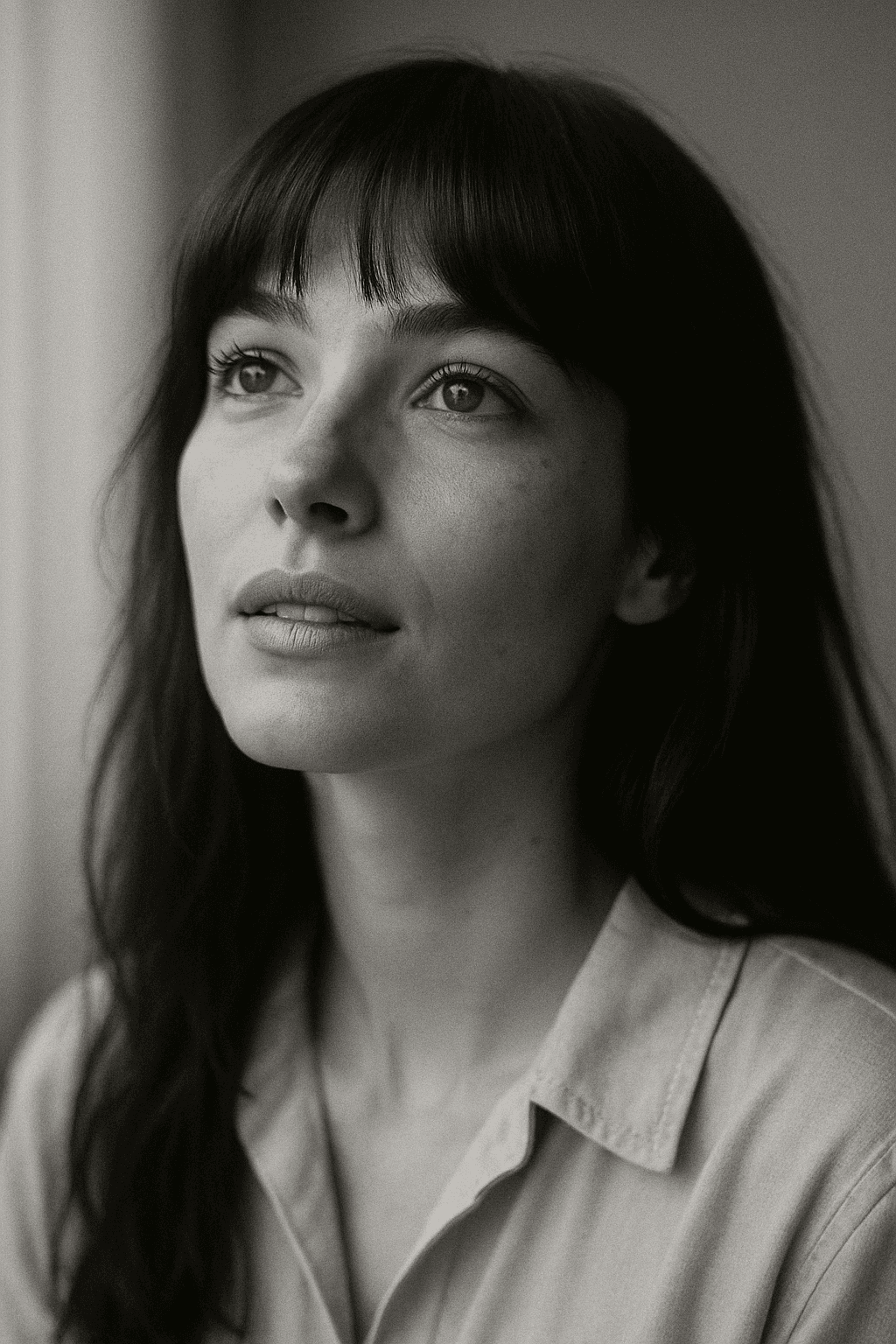 AI generated: A soft black-and-white close-up portrait of a woman with long dark hair and bangs, looking slightly ...