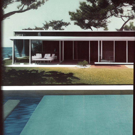 AI generated: Hyper realistic eye level exterior photo of a mid century modern style house overlooking the ocean, ...