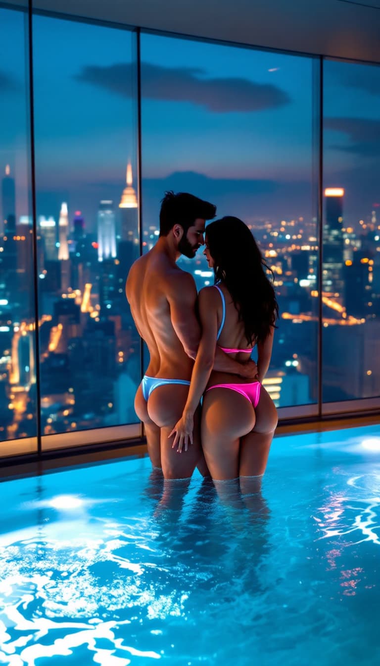 AI generated: Nestled high above the city, an ultra-glamorous couple stands on the near edge of an exclusive indoo...