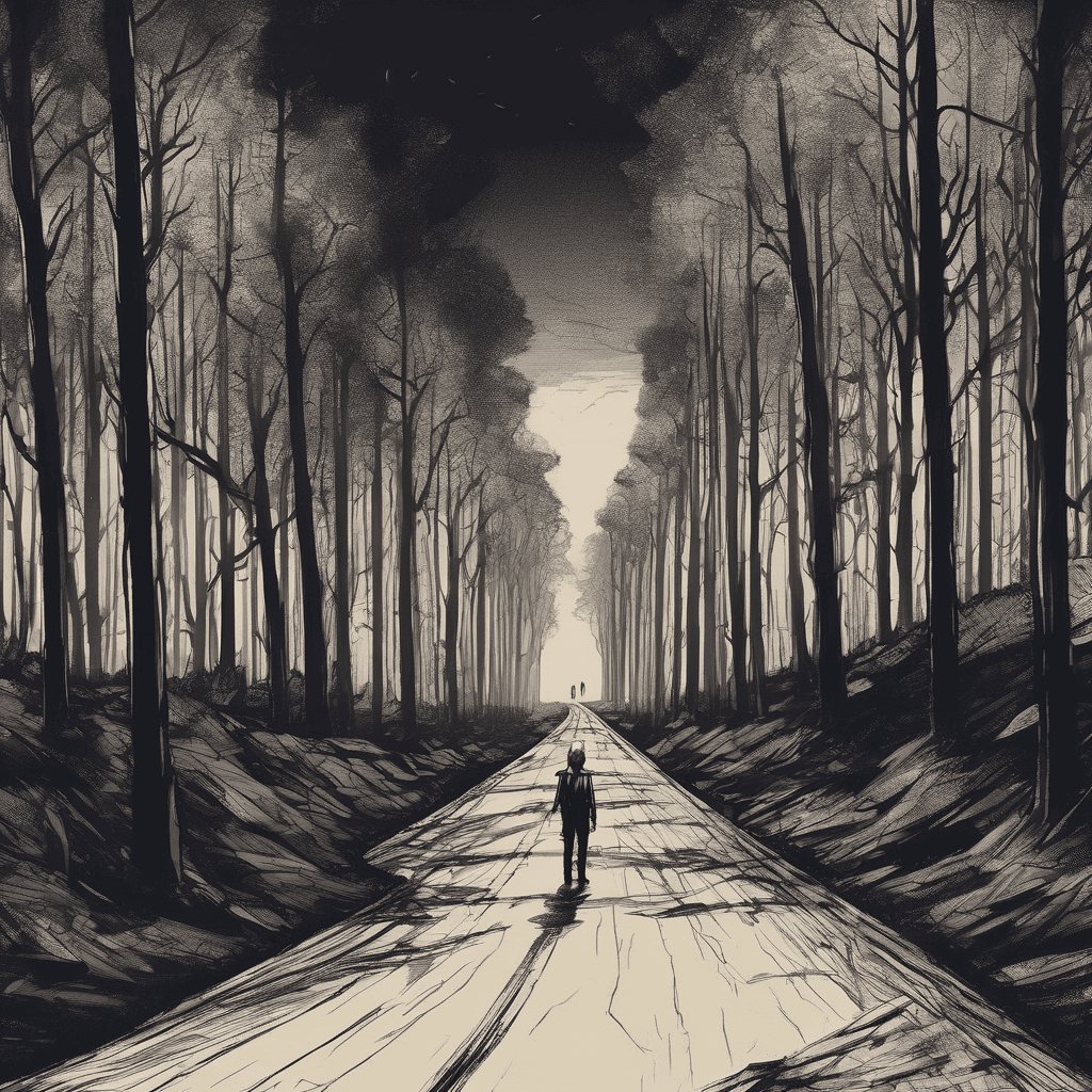 AI generated: depressions, sketch, horror, digital art, masterpiece, road in a forest, shadows, dark, lots faces i...