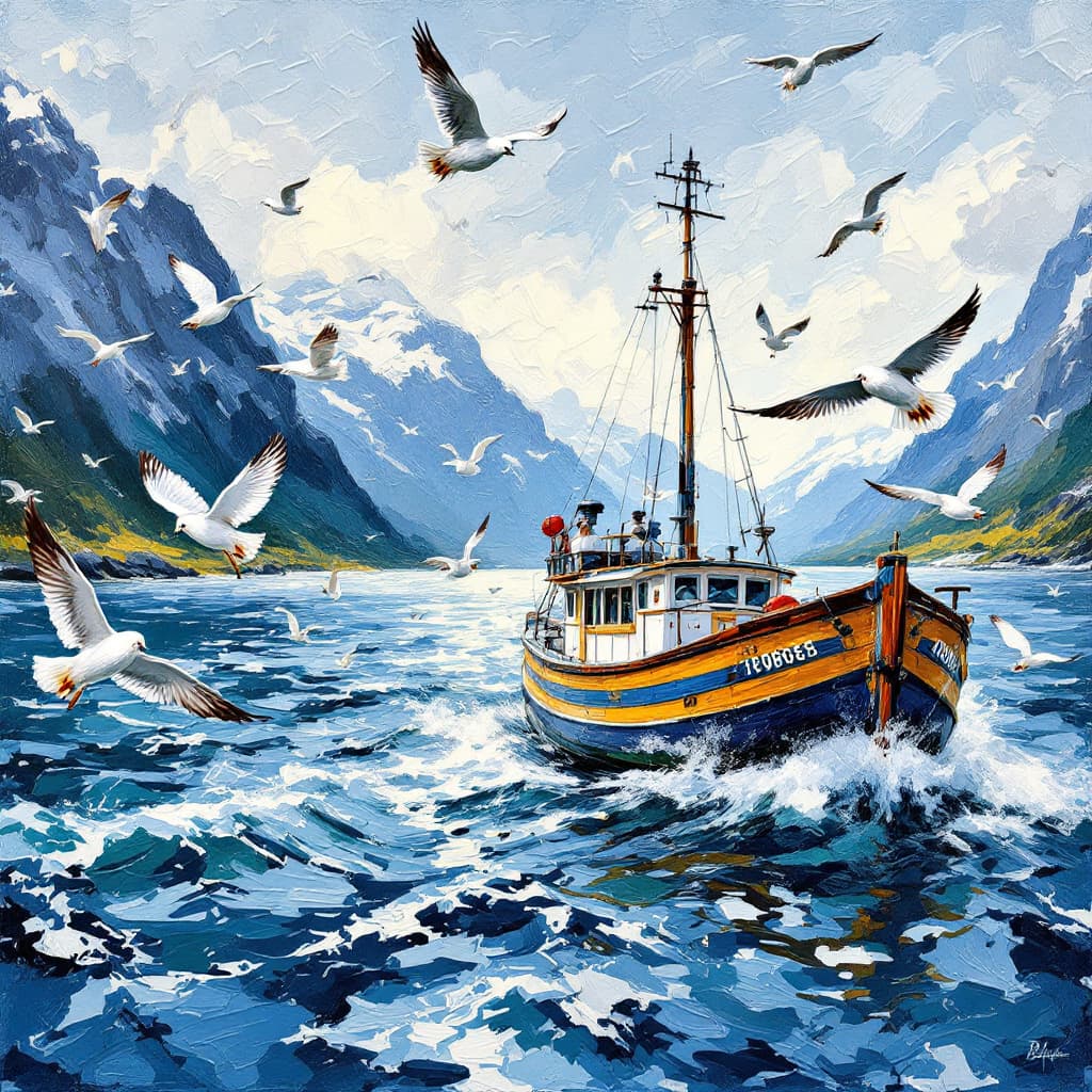 AI generated: An impressionistic impasto oil painting, energetic palette knife and brush strokes of a fishing boat...