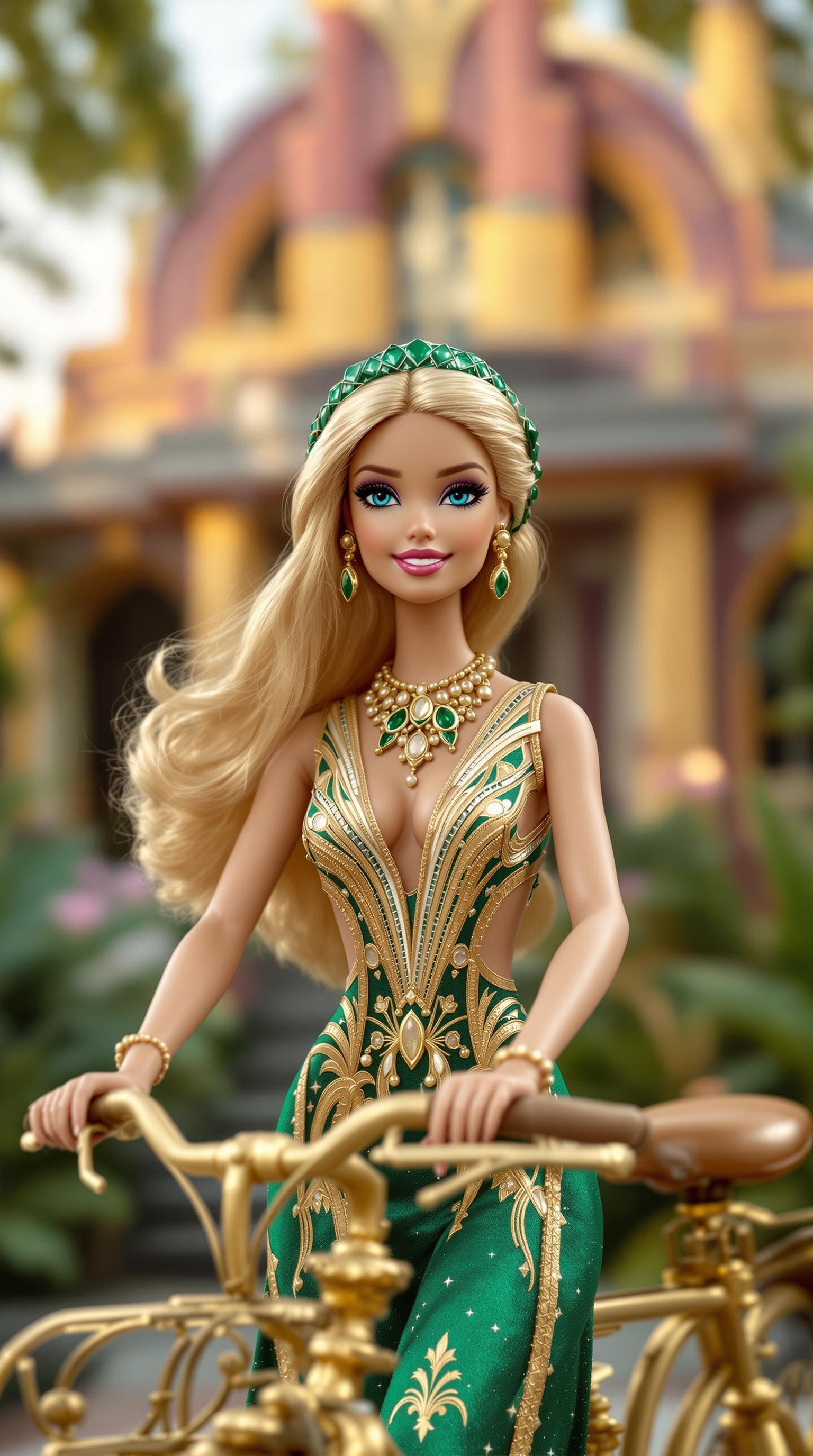 AI generated: photo, 20-year-old Barbie doll wearing art deco clothes, sitting on a bicycle in front of her art de...