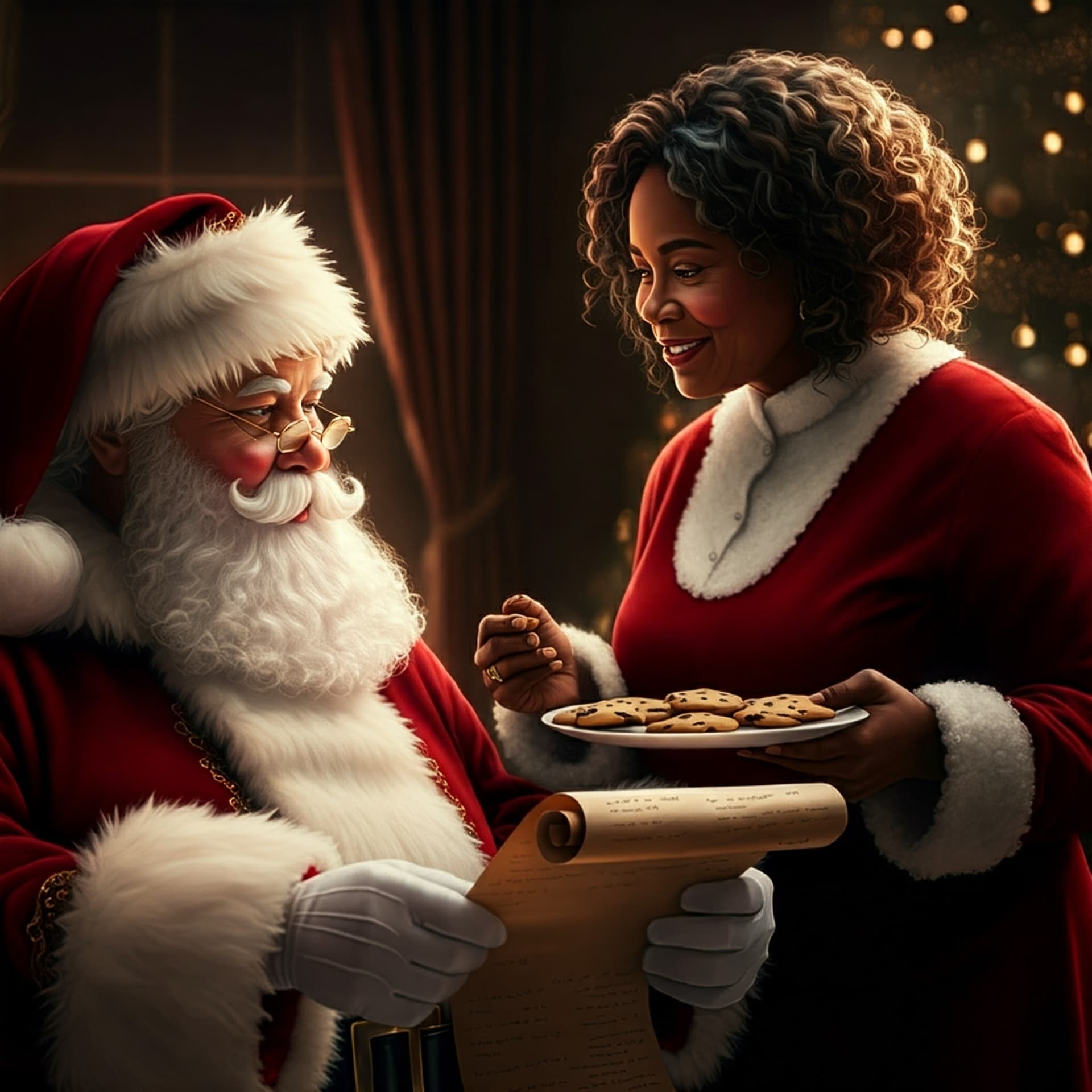 AI generated: A hyperrealistic image of Santa Claus, dressed in his signature red suit, looking at Mrs Claus while...