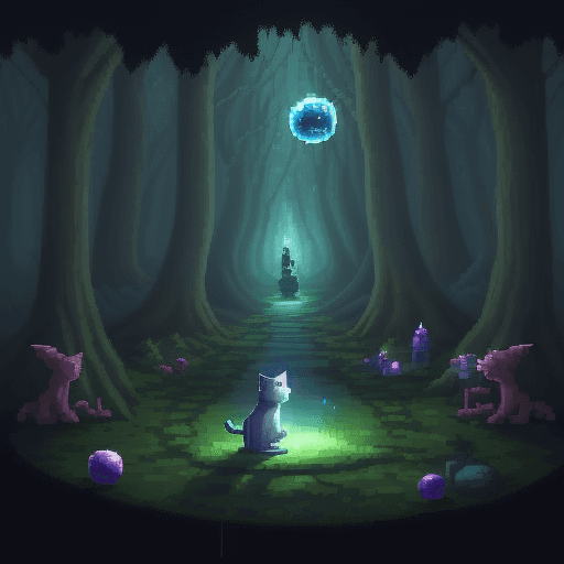 AI generated: A mischievous cat in a wizard's robe casting spells in a mystical forest, depicted in the SAI pixel ...