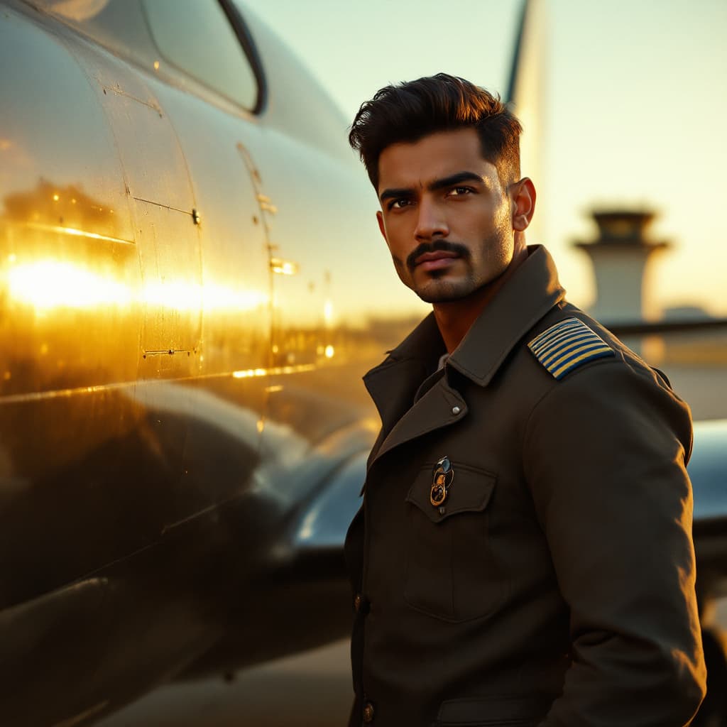 AI generated: A confident Indian pilot with a fit physique and sharp features stands proudly against a sleek aircr...