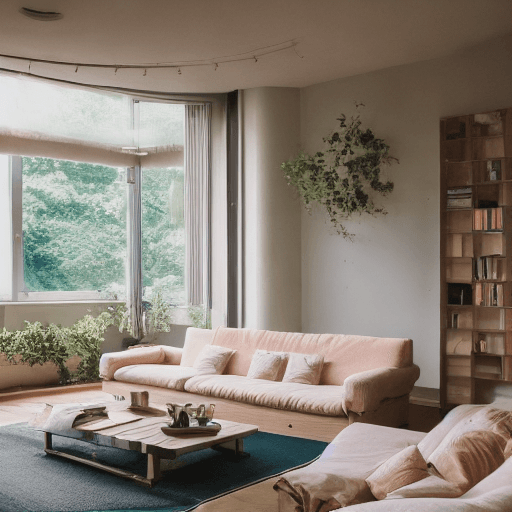 AI generated: High resolution photography interior design, dreamy sunken living room conversation pit, wooden floo...