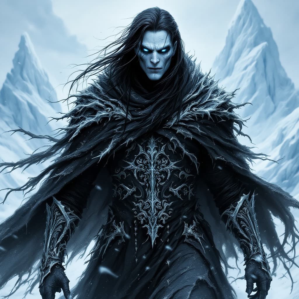 AI generated: A menacing, dark figure with pale, ghostly white skin and sharp, angular features. Their eyes glow i...