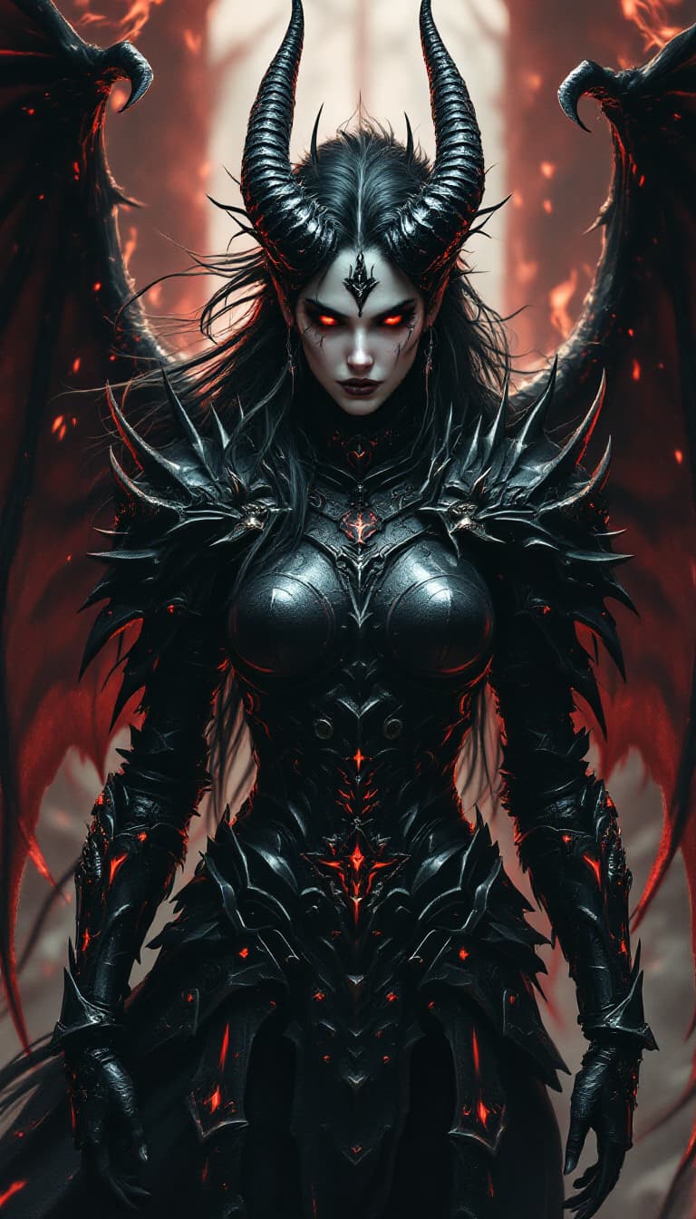 AI generated: An ultra-realistic, full-body portrait of a mesmerizing demon knight woman, her pose both powerful a...