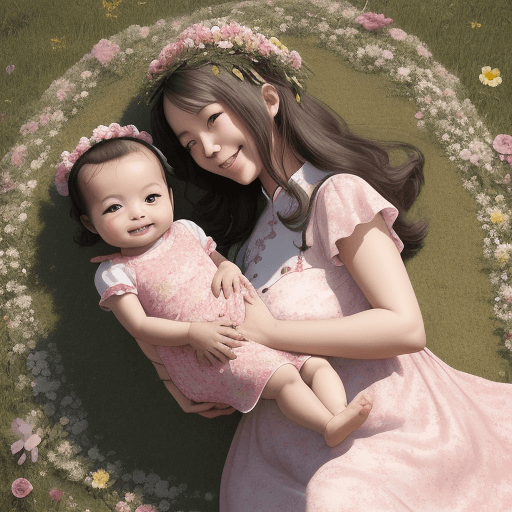 AI generated: Una bebé china sonriente, de 3 meses, con su mamá, con un vestido rosado, en el pasto con muchas flo...