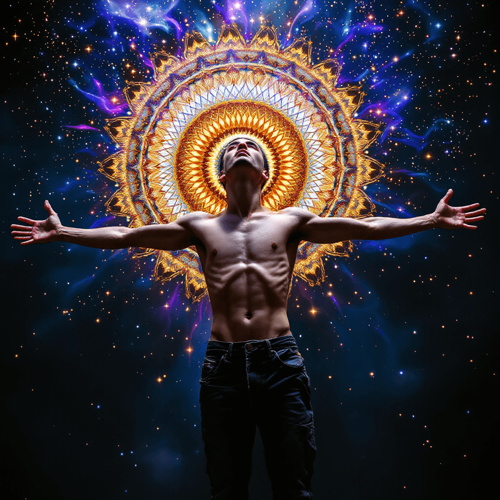 AI generated: a very skinny college age guy takes off his shirt, outstretches his arms and begins to float off the...