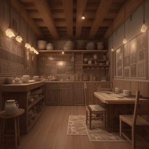 AI generated: High resolution photography clay art, pottery, wood board containing ceramic tiles, cozy atmosphere;...