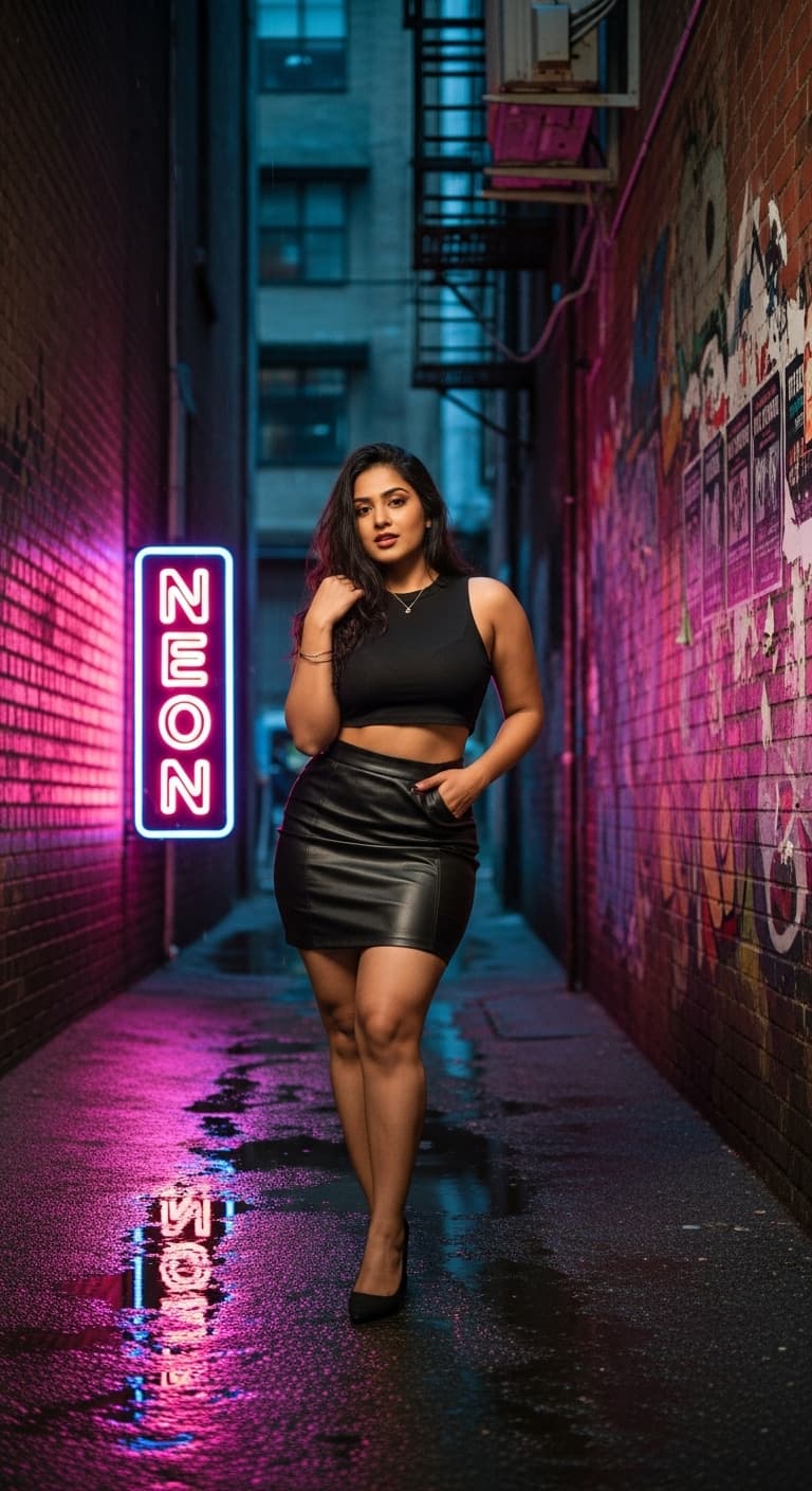 AI generated: Indian girl wearing tight black leather mini skirt with curvy body 
