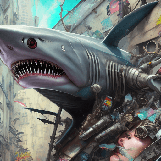 AI generated: Portrait of a shark robot, character design, photorealism, detailed hair, punk art, acid punk, clutt...